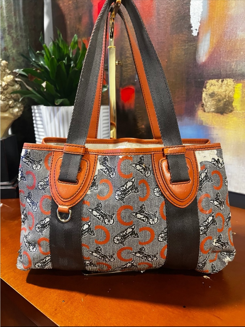 Vintage CÉLINE Horse Carriage C Monogram Tote Bag Orange Gray Leather Trim
